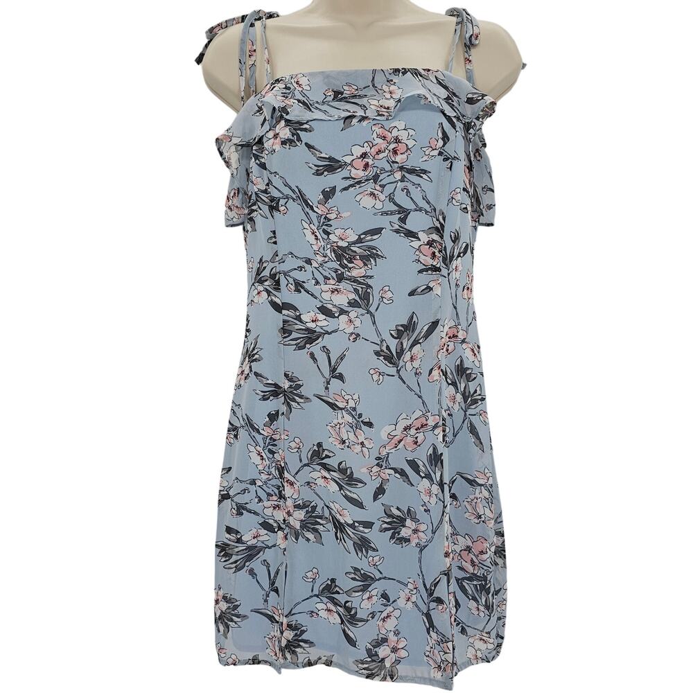 Revolve By The Way Womans size S Tie Shoulder Floral Mini Dress Blue Side Slit